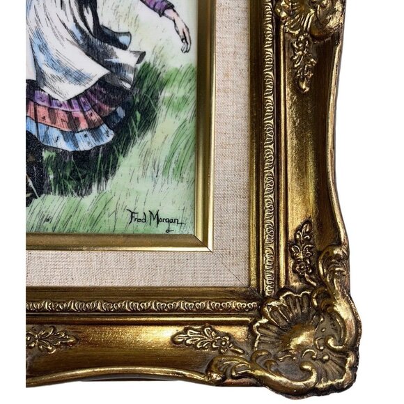 Ornate Framed Hand Painted MARVETTI Engraving Guild Signed Apple Picking Vtg - Picture 3 of 9